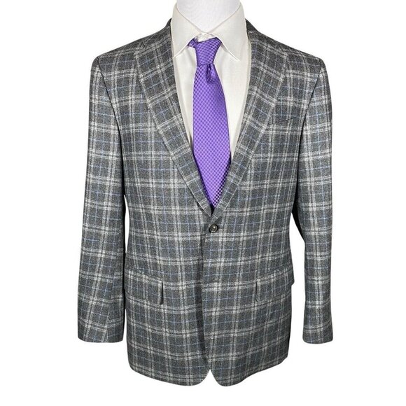 Faconnable Loro Piana Sport Coat 41R Wool Cashmere Silk Flannel Grey Plaid - Picture 2 of 16